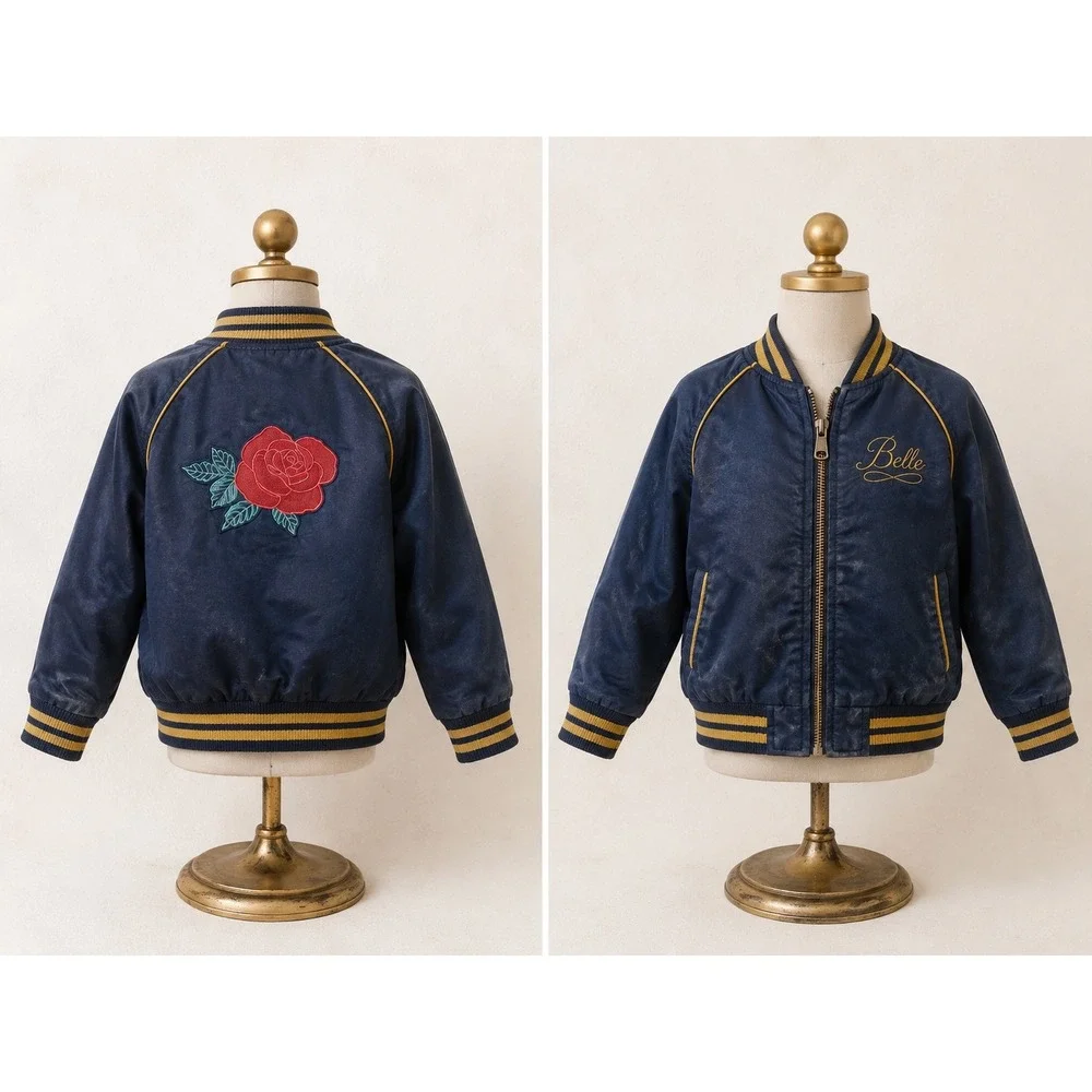 Y2K‎ Disney Princess Belle Bomber Jacket Blue Satin Rose Embroidered Girls
